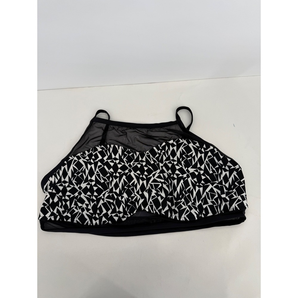 100 Degrees Womens Plus Size 2X Black White Geometric Mesh High Neck Bikini Top
